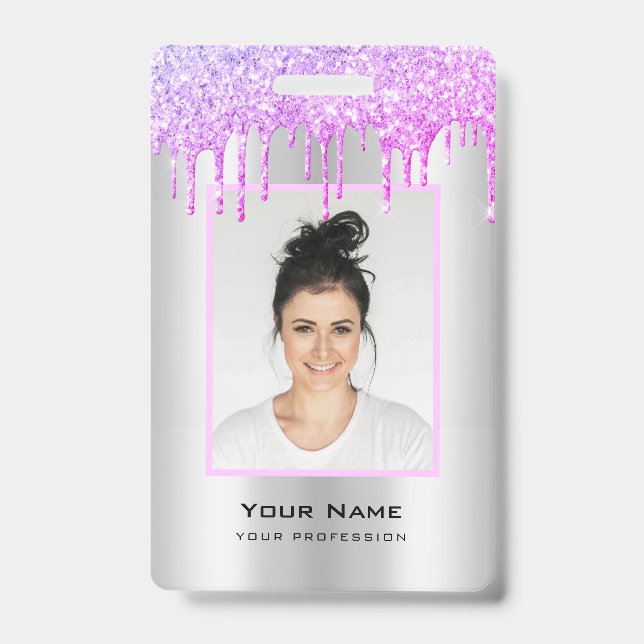 Custom Employee Glitter Drips Purple Silver Name ID Badge (Front)