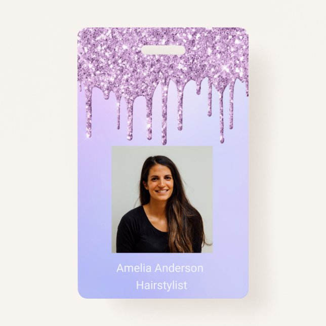 Custom Employee Glitter Drips Purple violet name ID Badge (Front)