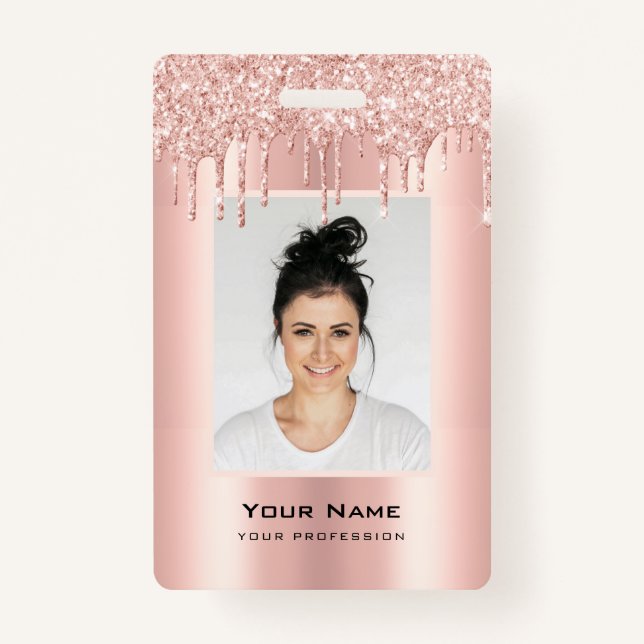 Custom Employee Glitter Drips Rose Gold Name ID Badge (Front)