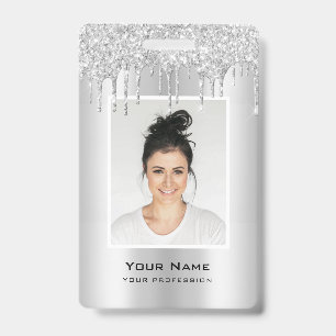 Custom Employee Glitter Drips Silver Grey Name ID Badge