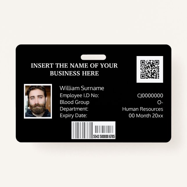 CUSTOM employee ID card barcode photo logo black Badge (Front)