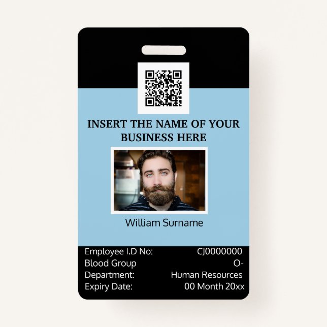 CUSTOM employee ID card template dual sided blue ID Badge (Front)