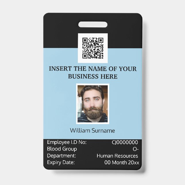 CUSTOM employee ID card vertical dual sided blue Badge (Front)