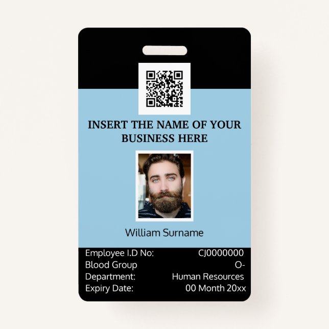 CUSTOM employee ID card vertical dual sided blue ID Badge (Front)