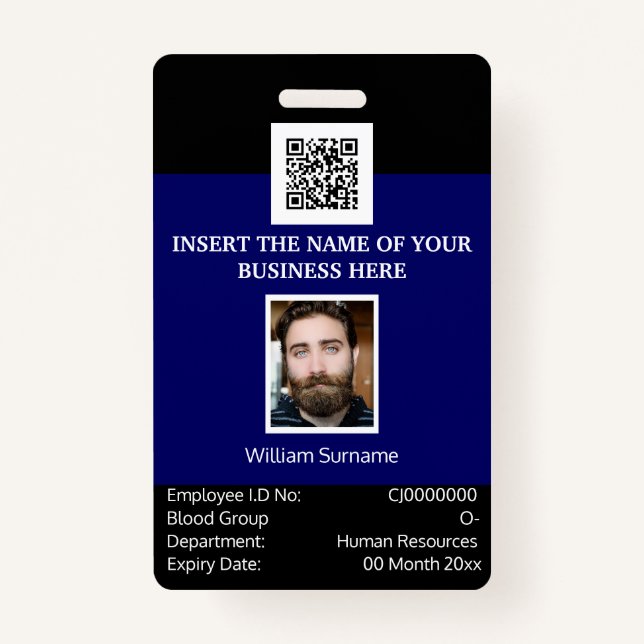 CUSTOM employee ID card vertical dual sided navy ID Badge (Front)