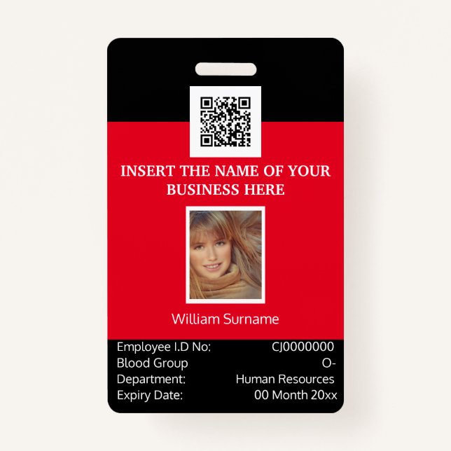 CUSTOM employee ID card vertical dual sided red ID Badge (Front)