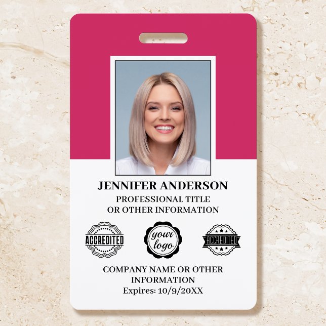 Custom Employee ID Photo Logo Modern Pink ID Badge (Creator Uploaded)