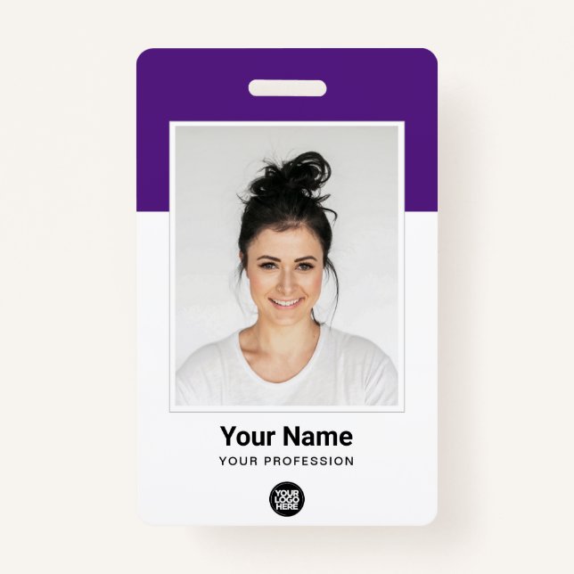 Custom Employee Large Photo Purple Logo Name ID Badge (Front)