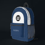 Custom Employee Logo, Text, Slogan, Website Printed Backpack<br><div class="desc">Easily personalise this professional backpack adding your company logo and a custom text. You can add business name, slogan, social media, website or any additional info, or delete it. A simple and modern design in navy blue and white featuring clear sans serif font, for a professional and edgy look, perfect...</div>
