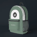 Custom Employee Logo, Text, Slogan, Website Printed Backpack<br><div class="desc">Easily personalise this professional backpack adding your company logo and a custom text. You can add business name, slogan, social media, website or any additional info, or delete it. A simple and modern design in sage green and white featuring clear sans serif font, for a professional and edgy look, perfect...</div>