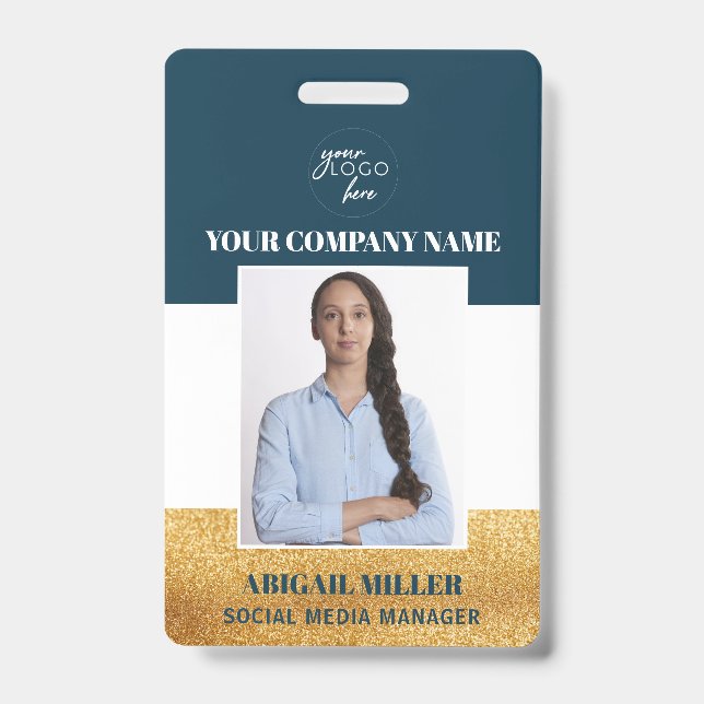 Custom Employee Name Logo Photo green ID Badge (Front)