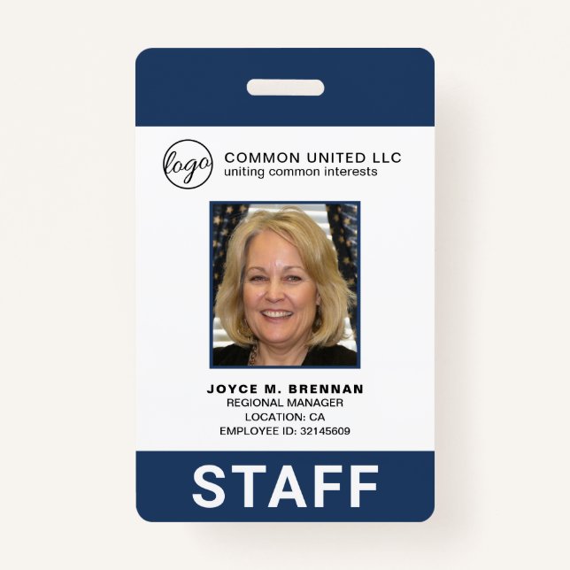Custom Employee Navy Blue Logo Photo ID ID Badge (Front)