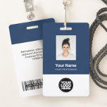 Custom Employee Photo, Bar Code, Logo, Name<br><div class="desc">Easily personalise this Custom Employee Name Badge with Photo, Scan Bar Code and business logo. A simple business design in navy blue and white colours fully customisable in front and back sizes, sans-serif basic and modern fonts and a professional and clear look. Avaiable with lanyard, metal clip or with retractable....</div>