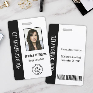 Custom Employee Photo, Bar Code, Logo, Name Black ID Badge