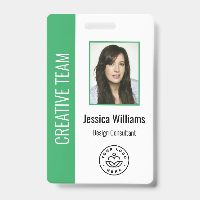 Custom Employee Photo, Bar Code, Logo, Name Green ID Badge (Front)