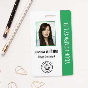 Custom Employee Photo, Bar Code, Logo, Name Green ID Badge