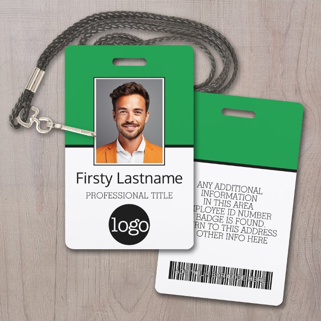 Custom Employee - Photo, Bar Code, Logo Name green ID Badge (Employee ID Badge with Custom Logo, Photo and Scan Bar Code - Green Accents)