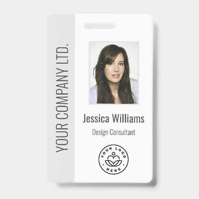 Custom Employee Photo, Bar Code, Logo, Name Grey ID Badge (Front)