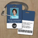 Custom Employee - Photo, Bar Code, Logo, Name ID Badge<br><div class="desc">Navy Blue - A basic business design that highlights your office logos and employee name. You can add a scan bar code on the front and back.</div>