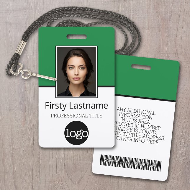 Custom Employee - Photo, Bar Code, Logo, Name ID Badge (Employee ID Badge with Custom Logo, Photo and Scan Bar Code - Green Accents)