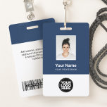 Custom Employee Photo, Bar Code, Logo, Name ID Badge<br><div class="desc">Easily personalise this Custom Employee Name Badge with Photo, Scan Bar Code and business logo. A simple business design in navy blue and white colours fully customisable in front and back sizes, sans-serif basic and modern fonts and a professional and clear look. Avaiable with lanyard, metal clip or with retractable....</div>