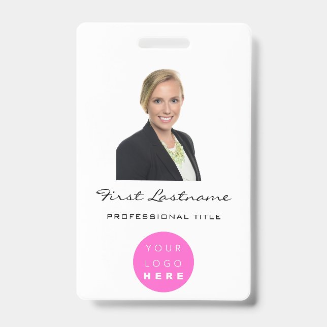 Custom Employee  Photo Bar Code Logo Name Pink ID Badge (Front)