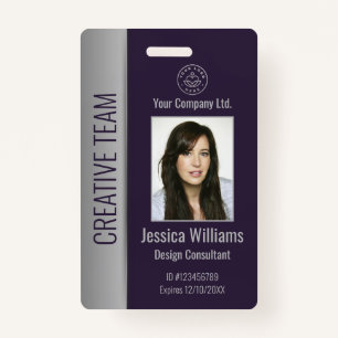 Custom Employee Photo Bar Code Logo Name Purple ID Badge