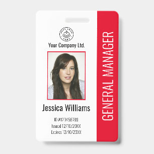 Custom Employee Photo, Bar Code, Logo, Name Red Ba ID Badge