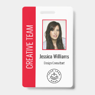 Custom Employee Photo, Bar Code, Logo, Name Red ID Badge