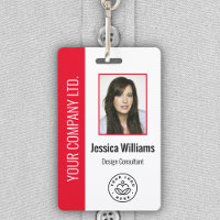 Custom Employee Photo, Bar Code, Logo, Name Red