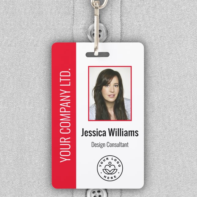 Custom Employee Photo, Bar Code, Logo, Name Red ID Badge (Creator Uploaded)