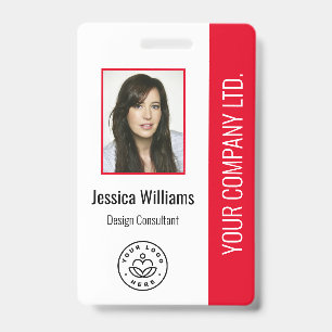 Custom Employee Photo, Bar Code, Logo, Name Red ID Badge