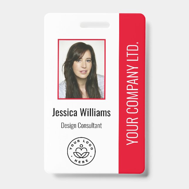 Custom Employee Photo, Bar Code, Logo, Name Red ID Badge (Front)