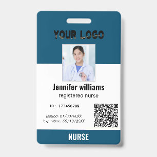 Custom Employee Photo, Bar Code, Logo, navy blue  ID Badge