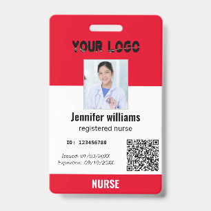 Custom Employee Photo, Bar Code, Logo, red name  ID Badge