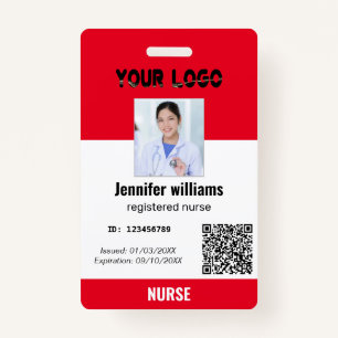 Custom Employee Photo, Bar Code, Logo, red name ID Badge