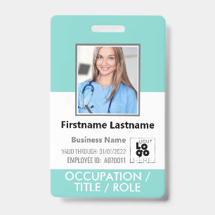 Custom Employee Photo, Barcode Logo Aqua Blue Name ID Badge