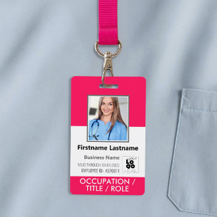 Custom Employee Photo, Barcode, Logo Hot Pink Name ID Badge
