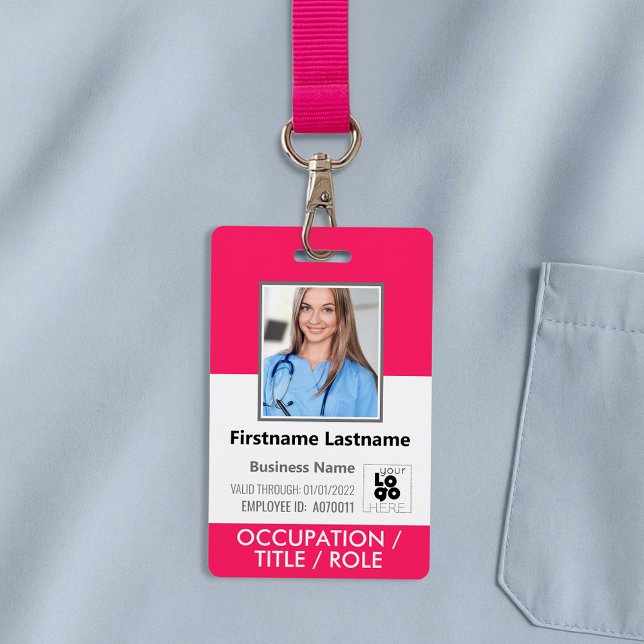 Custom Employee Photo, Barcode, Logo Hot Pink Name ID Badge (Creator Uploaded)