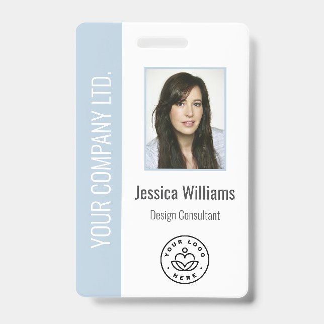 Custom Employee Photo Barcode Logo Name Dusty Blue ID Badge (Front)