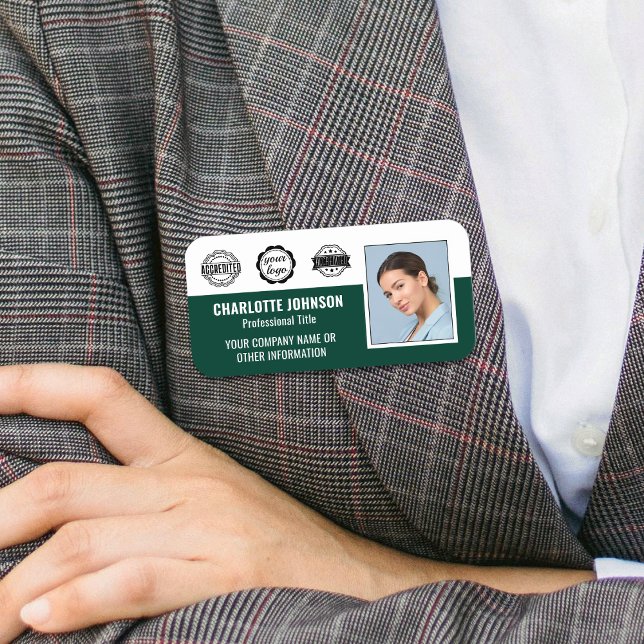 Custom Employee Photo Company Logo Dark Green Name Tag (Creator Uploaded)