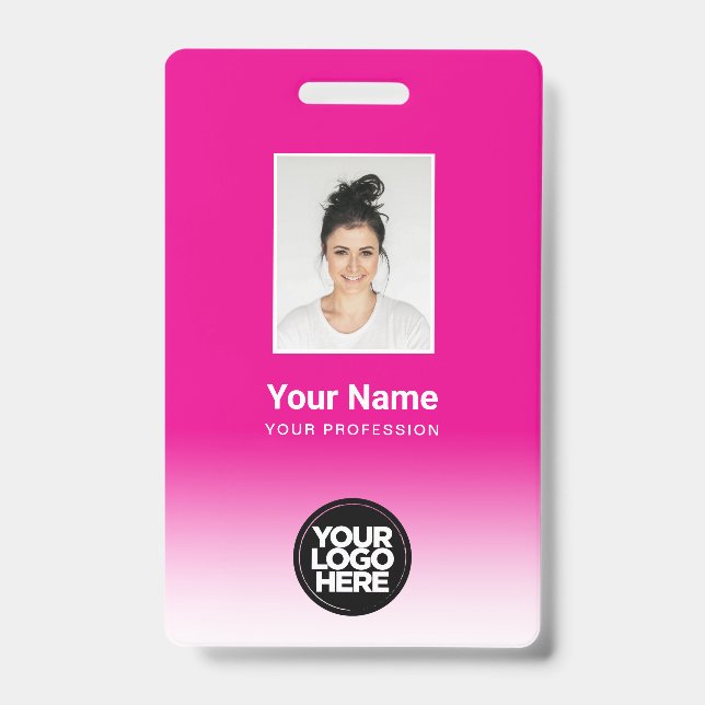 Custom Employee Photo Gradient Neon Pink ID Badge (Front)
