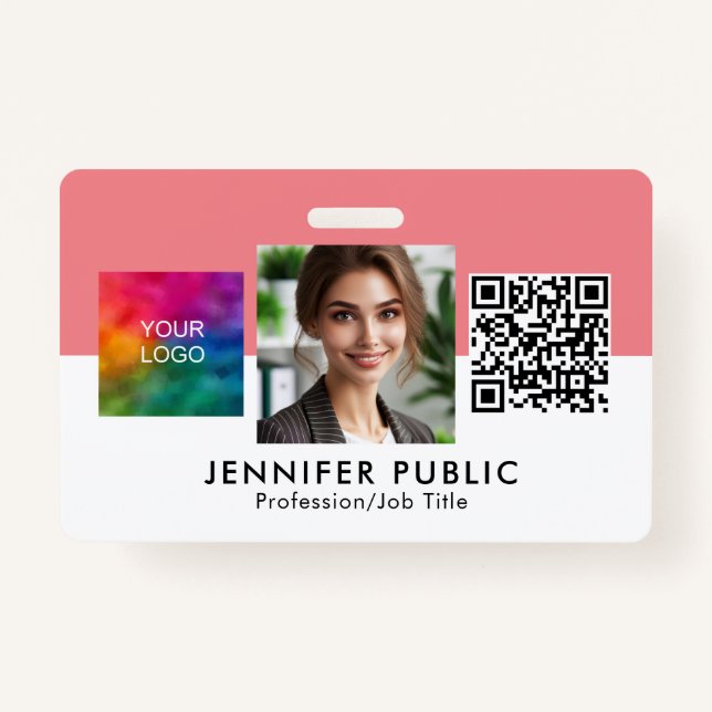 Custom Employee Photo Here Business Logo QR Code ID Badge (Front)