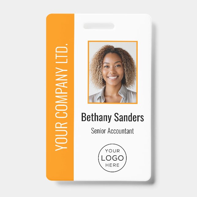 Custom Employee Photo, Logo, Name Orange ID Badge (Front)