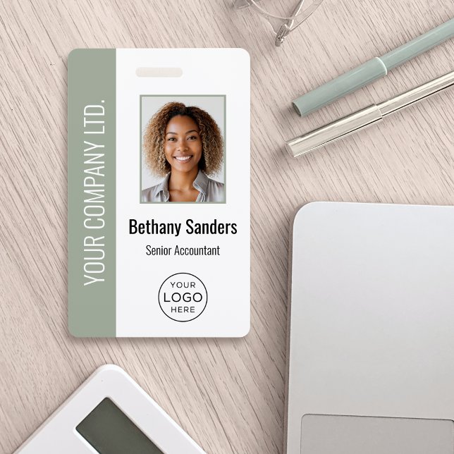 Custom Employee Photo, Logo, Name Sage Green ID Badge (Creator Uploaded)