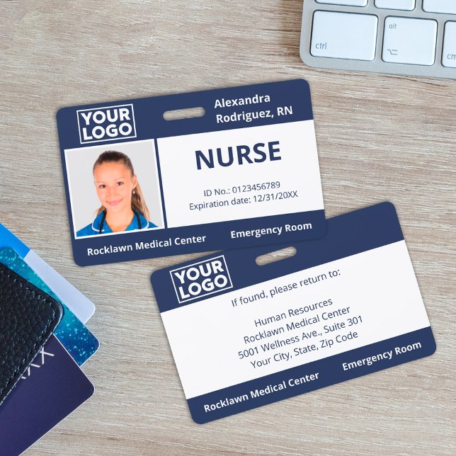 Custom Employee Photo Logo Navy Blue Medical ID ID Badge (Custom Employee Photo Logo Navy Blue Medical ID Badge, in situ)