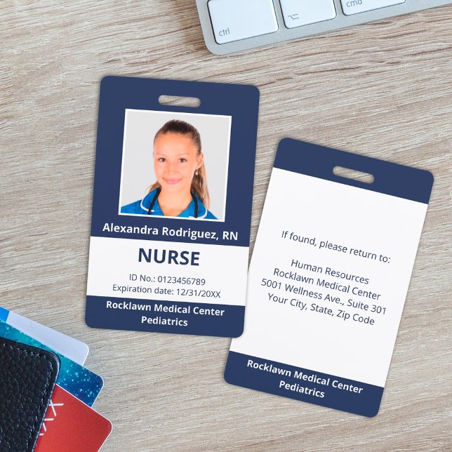 Custom Employee Photo Navy Blue White Medical ID Badge (Custom Employee Photo Navy Blue White Medical ID Badge, front/back)