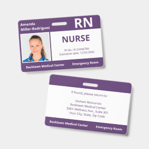 Custom Employee Photo Purple White Medical ID Badge