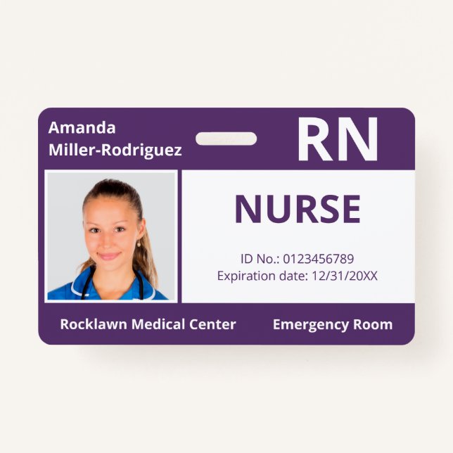 Custom Employee Photo Purple White Medical ID ID Badge (Front)