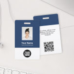 Custom Employee Photo, Qr Code, Logo, Name ID Badge<br><div class="desc">Easily personalise this Custom Employee Name Badge with Photo, Scan Qr Code (always readable, it works!) and business logo. A simple business design in navy blue and white colours fully customisable in front and back sizes, sans-serif basic and modern fonts and a professional and clear look. Avaiable with lanyard, metal...</div>